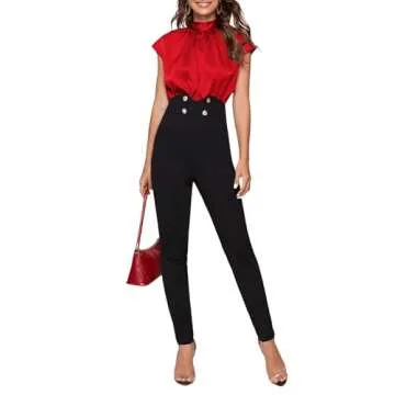 SOLY HUX Women's Elegant Satin Blouse - Red Short Sleeve