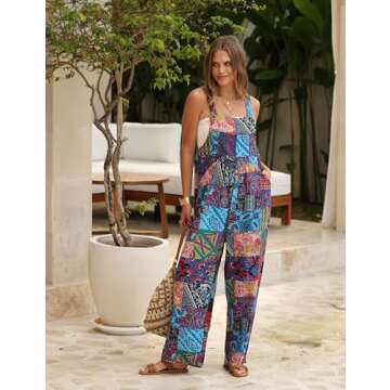 Himosyber Women's Patchwork Dual Pocket Jumpsuit Loose Floral Print Bohemian Wide Leg Bib Overall (#...