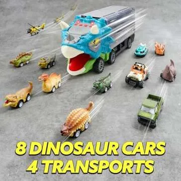 JOYIN 13 in 1 Dinosaur Toys for Kids 3-5, Triceraptor Dinosaur Truck with 12 Pull Back Cars, Birthday Gifts Toys for 3 4 5+ Year Old Boy, Transport Carrier Truck for Toddlers 3-4 Years