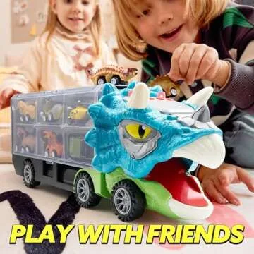 JOYIN 13 in 1 Dinosaur Toys for Kids 3-5, Triceraptor Dinosaur Truck with 12 Pull Back Cars, Birthday Gifts Toys for 3 4 5+ Year Old Boy, Transport Carrier Truck for Toddlers 3-4 Years