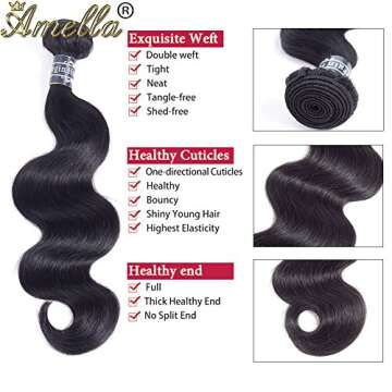Amella 100% Unprocessed Virgin Brazilian Body Wave Human Hair Extensions - 3 Bundles of Luxurious Qu...