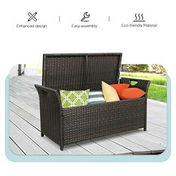 Ulax furniture Outdoor Storage Bench, Deck Box for Patio Furniture, Rattan Style Deck Box w/Cushion (Beige)