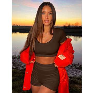 GXIN Women Workout 2 Piece Outfits Seamless Ribbed Short Sleeve Crop Tops High Waist Running Shorts Exercise Set Coffee