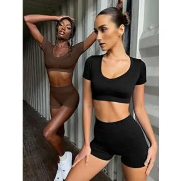 GXIN Women Workout 2 Piece Outfits Seamless Ribbed Short Sleeve Crop Tops High Waist Running Shorts Exercise Set Coffee