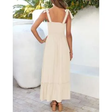 ZESICA Women's 2025 Summer Boho Spaghetti Strap Square Neck Solid Color Ruffle A Line Beach Long Maxi Dress,Apricot,Large