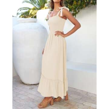 ZESICA Women's 2025 Summer Boho Spaghetti Strap Square Neck Solid Color Ruffle A Line Beach Long Maxi Dress,Apricot,Large