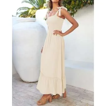 ZESICA Women's 2025 Summer Boho Spaghetti Strap Square Neck Solid Color Ruffle A Line Beach Long Maxi Dress,Apricot,Large