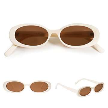 VANLINKER Retro Vintage Oval Sunglasses for Women 90s Polarized Trendy Sun Glasses White Frame Brown...