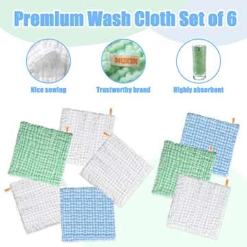 MUKIN Baby Washcloths - Natural Cotton Baby Wipes - Soft Newborn Baby Face Towel for Sensitive Skin- Baby Registry as Shower, 10 Pack 12x12 inches (Green,Blue,White)
