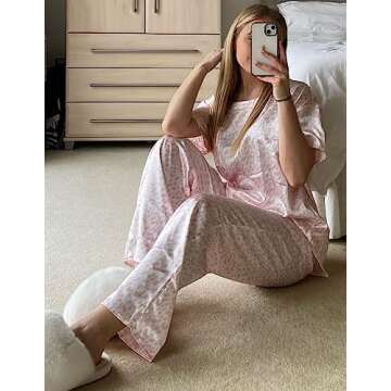 Ekouaer Womens Silk Satin Pajamas Two Piece Outfits for Women Short Sleeve Sleepwear Long Silk Pant Loungewear Soft Pjs Set Pink Leopard L