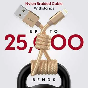 TALK WORKS iPhone Charger Lightning Cable 10ft Long Braided Heavy Duty Cord MFI Certified for Apple iPhone 13, 12, 11 Pro/Max/Mini, XR, XS/Max, X, 8, 7, 6, 5, SE, iPad, AirPods, Watch - Gold