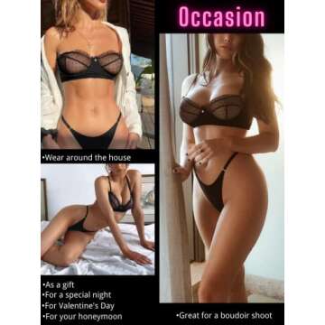 Kaei&Shi Sexy Bra and Panty Set,Ruffle Sheer Bralette Lace Lingerie for Women,Matching Ribbed Thong Two Piece Lingerie Set Petite Boudoir Black X-Small