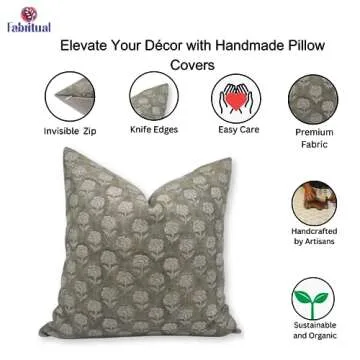 Fabritual Handmade Block Print Thick Linen 20X20 Throw Zipper Floral Printed Pillowcase Cushion Cover for Sofa Couch, Summer Fall Decoration, Home Décor, Farmhouse, Living Room, Rohini, Green