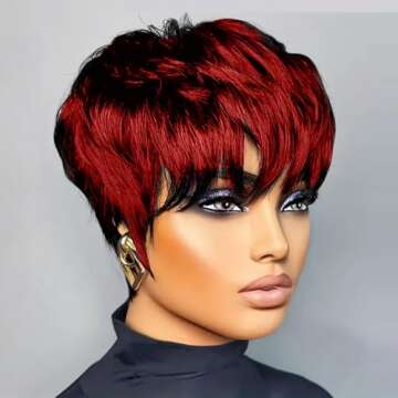 Tgezer Wine Red Short Curly Pixie Wig With Bangs