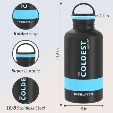 Coldest Insulated Water Bottle with Handle Lid | Leak Proof, Insulated Modern Stainless Steel, Triple Walled, Sport Thermos Bottles, Metal Flask | 64oz