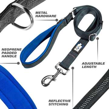 Black Rhino – Dog Leash Adjustable Length (3-5 Feet) with Soft Neoprene Padded Handle | Heavy Duty Lead for Easy Control | Small Medium Large Breeds | Reflective Stitching (Blue/Grey)