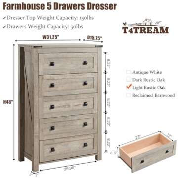T4TREAM Farmhouse 5 Drawers Dresser Chests for Bedroom, Wood Rustic Tall Chset of Drawers,Dressers O...
