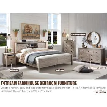 T4TREAM Farmhouse 5 Drawers Dresser Chests for Bedroom, Wood Rustic Tall Chset of Drawers,Dressers Organizer for Bedroom, Living Room,Hallway, Light Rustic Oak