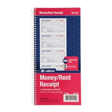 Adams Money and Rent Receipt Book - 200 Sets, Carbonless, Spiral Bound