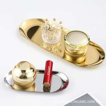 1 Pcs Gold Trinket Tray Oval Stainless Steel Small Serving Trays Towel Storage Dish Plate Tea Fruit Trays Jewelry Plate Decorative Storage Tray (Gold 1pcs, 9 x 3.8 Inch)