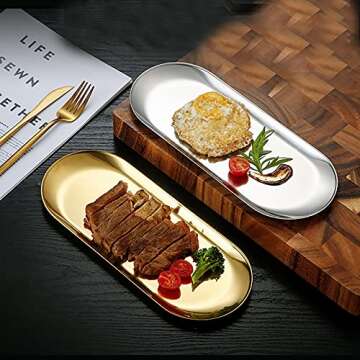 1 Pcs Gold Trinket Tray Oval Stainless Steel Small Serving Trays Towel Storage Dish Plate Tea Fruit Trays Jewelry Plate Decorative Storage Tray (Gold 1pcs, 9 x 3.8 Inch)