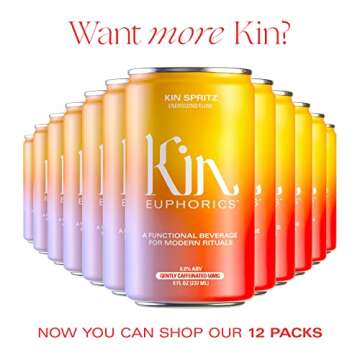 Kin Spritz by Kin Euphorics, Non Alcoholic Spirits, Ready to Drink, Adaptogen, Nootropic, Botanical, Fresh Citrus, Hibiscus, Caffeine, Rhodiola Rosea, Awaken the Mind, Uplift the Mood, 8 Fl Oz (4pk)