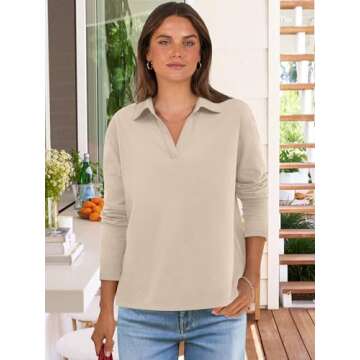 ANRABESS Women Long Sleeve Polo Shirts Casual V Neck Collared Boxy Fit Dressy Work Blouse Top Spring...