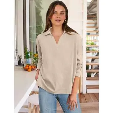 ANRABESS Women Long Sleeve Polo Shirts Casual V Neck Collared Boxy Fit Dressy Work Blouse Top Spring Outfits Khaki M