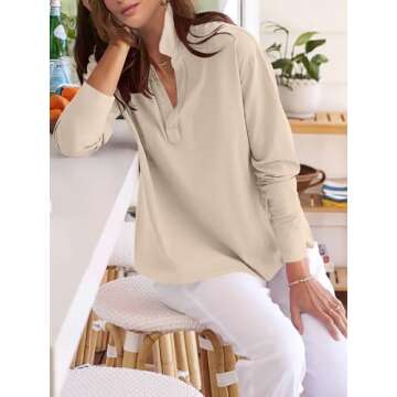ANRABESS Women Long Sleeve Polo Shirts Casual V Neck Collared Boxy Fit Dressy Work Blouse Top Spring Outfits Khaki M