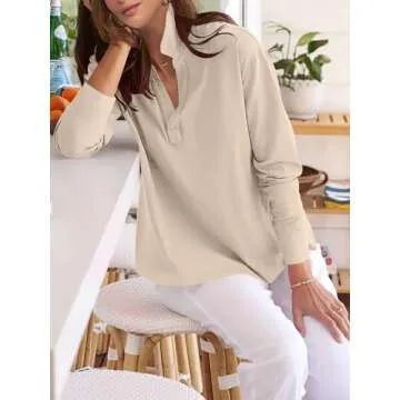 ANRABESS Women Long Sleeve Polo Shirts Casual V Neck Collared Boxy Fit Dressy Work Blouse Top Spring Outfits Khaki M