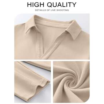 ANRABESS Women Long Sleeve Polo Shirts Casual V Neck Collared Boxy Fit Dressy Work Blouse Top Spring Outfits Khaki M