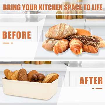 Triiter Bread Box With Bamboo Wood Cutting Board Lid & Bread Slicer Holder, Rectangular Cream Color Bread Container For Kitchen Countertop, 14.8 x 8.4 x 5.3in, Bread Storage Container