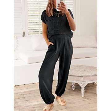 ANRABESS Women's Two Piece Outfits Knit Sweater Pullover Crop Top & Pants Lounge Matching Tracksuit Sweatsuit Sets 2024 Trendy Loungewear Clothes Black Small