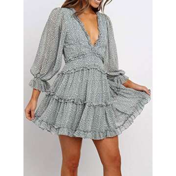 Eytino Women Long Sleeve V Neck Backless Ruffle Layer Swing Mini Dresses,X-Large Green