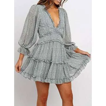Eytino Women Long Sleeve V Neck Backless Ruffle Layer Swing Mini Dresses,X-Large Green