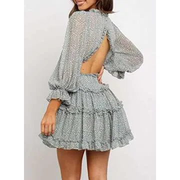 Eytino Women Long Sleeve V Neck Backless Ruffle Layer Swing Mini Dresses,X-Large Green