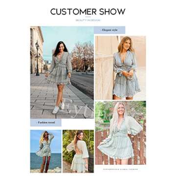 Eytino Women Long Sleeve V Neck Backless Ruffle Layer Swing Mini Dresses,X-Large Green