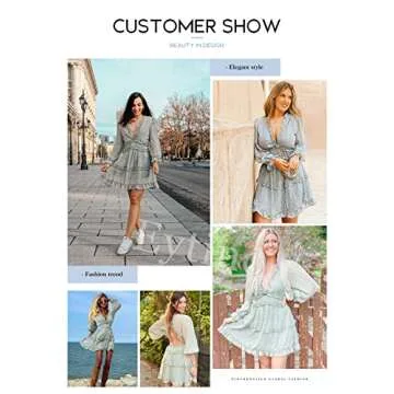 Eytino Women Long Sleeve V Neck Backless Ruffle Layer Swing Mini Dresses,X-Large Green