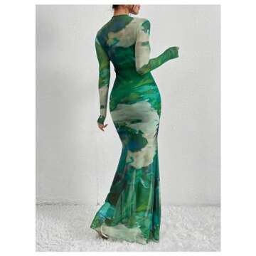 GORGLITTER Women's Long Sleeve Bodycon Dress Sheer Mesh Tie Dye Round Neck Party Maxi Dresses Green Small