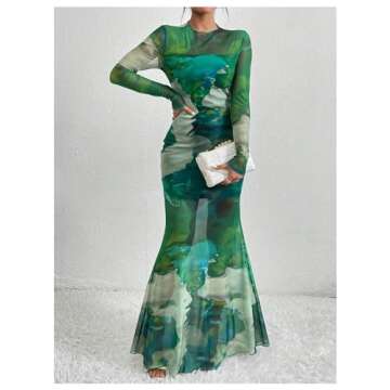 GORGLITTER Women's Long Sleeve Bodycon Dress Sheer Mesh Tie Dye Round Neck Party Maxi Dresses Green Small