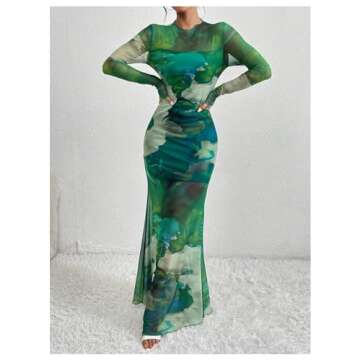 GORGLITTER Women's Long Sleeve Bodycon Dress Sheer Mesh Tie Dye Round Neck Party Maxi Dresses Green Small