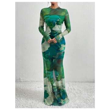 GORGLITTER Women's Long Sleeve Bodycon Dress Sheer Mesh Tie Dye Round Neck Party Maxi Dresses Green Small