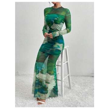 GORGLITTER Women's Long Sleeve Bodycon Dress Sheer Mesh Tie Dye Round Neck Party Maxi Dresses Green Small