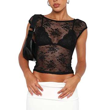 Women Y2K Backless Lace Crop Top Sheer See Through Sexy Going Out Tops Black S