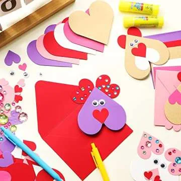 Yexiya 380 Pcs Valentine‘s Day DIY Craft Kit Valentine‘s Day Ornaments Decorations Paper Heart Cards with Googly Eyes Gem Sticker Envelopes for Kid Valentines Game Activity Party Supplies