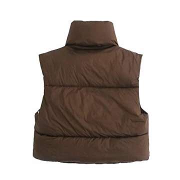 HOULENGS Women's Stand Collar Crop Puffer Vest Lightweight Sleeveless Winter Warm Outerwear Puffer Vest Padded Gilet Brown Medium