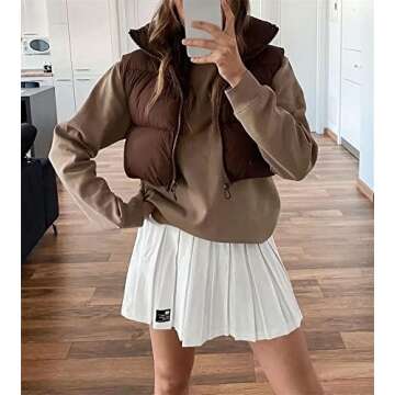 HOULENGS Women's Stand Collar Crop Puffer Vest Lightweight Sleeveless Winter Warm Outerwear Puffer Vest Padded Gilet Brown Medium