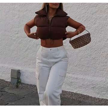 HOULENGS Women's Stand Collar Crop Puffer Vest Lightweight Sleeveless Winter Warm Outerwear Puffer Vest Padded Gilet Brown Medium