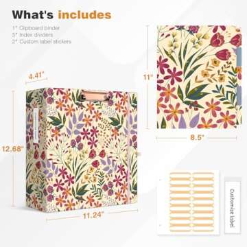 Ospelelf 3 Ring Floral Binder with 5 Tab Dividers