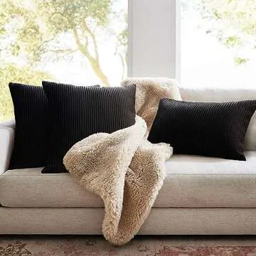 YCOLL Black Pillow Covers 18x18 Set of 2 Velvet Striped Pattern - Soft Throw Pillows for Home Decor, Luxury Decorative Pillow Covers for Couch, Bed,Living Room